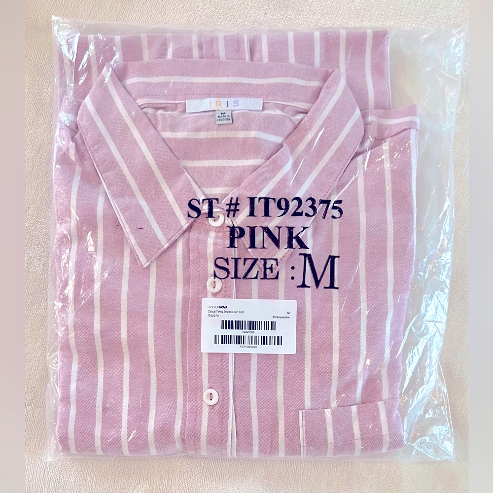 Fashion Nova Casual Times Striped Linen Shirt - Pink/combo